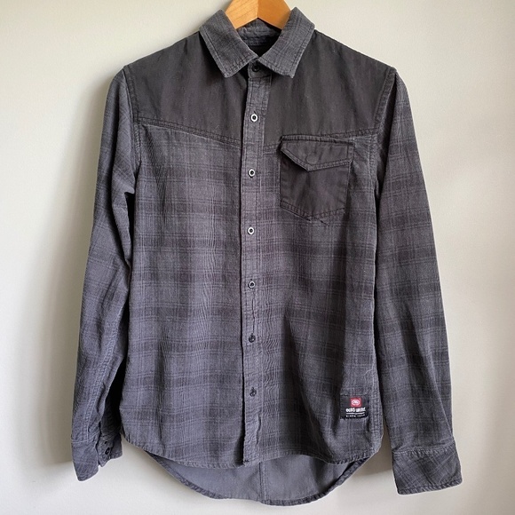 Ecko Unltd. Men's Gray Check Long Sleeve‎ Fine Corduroy Button Up Shirt Small - Picture 1 of 14